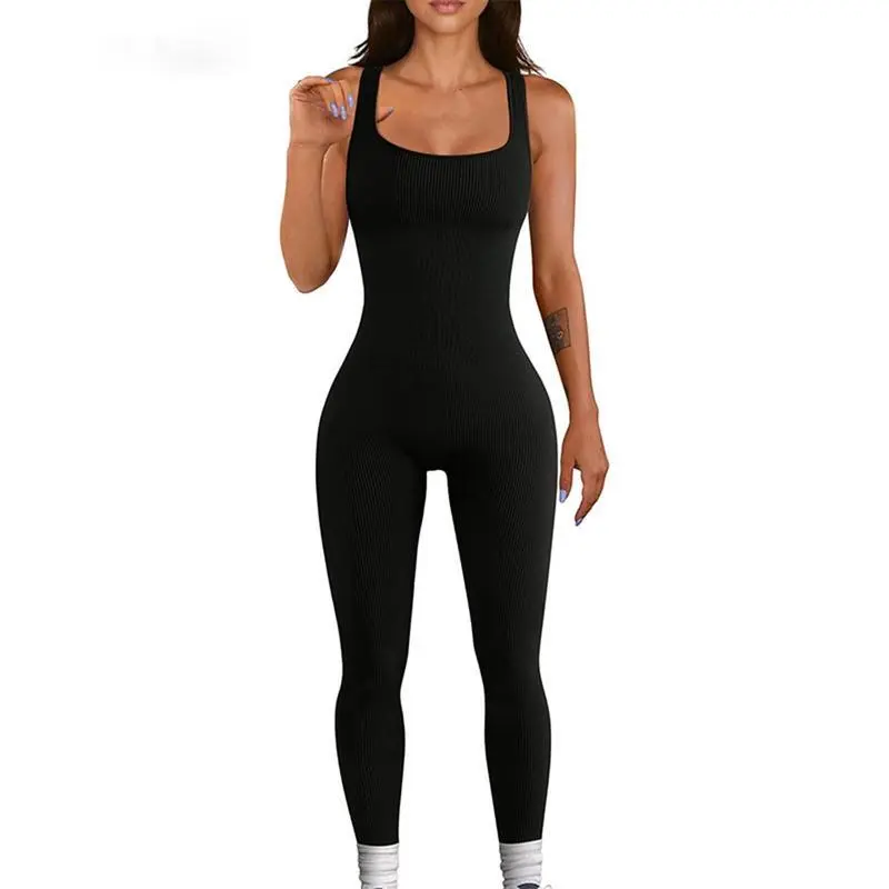 【50 %off】Women Yoga Jumpsuits Summer Sleeveless Ribbed Knit Square Neck Body con Slim Fit Pants Solid Color Workout Sports Outfits 1