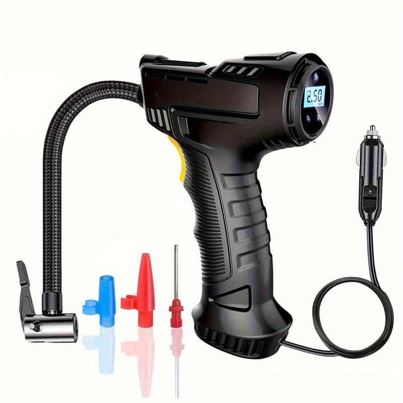 Portable Car Tyre Inflator, Air Compressor, Digital Handheld Electric Pump, LED Light, 3 Nozzle Adaptors, for Car, Motorcycle, Bicycle, Inflatables, DC 12V 1