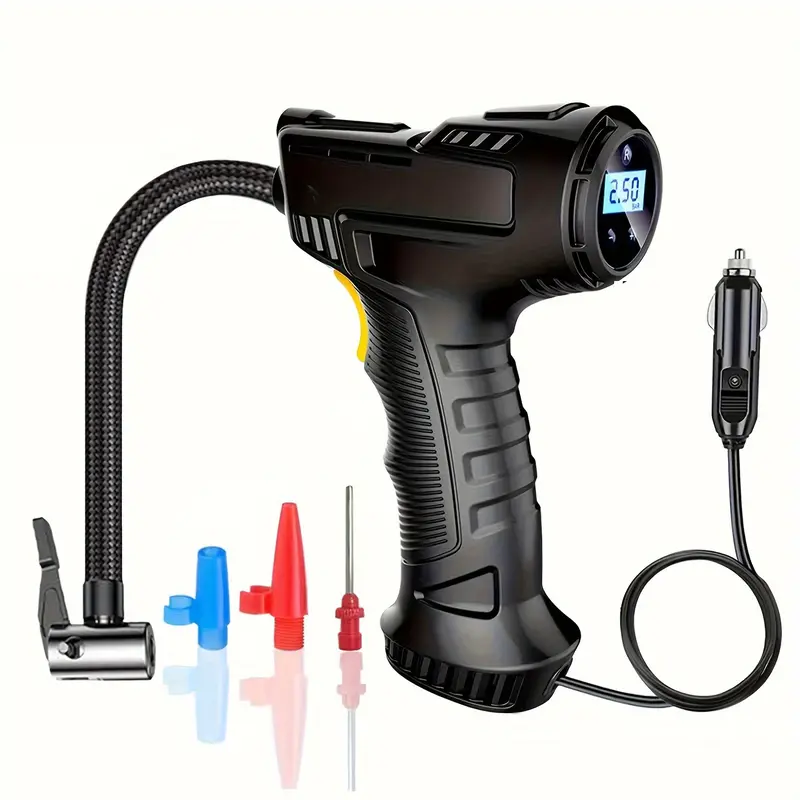 Portable Car Tyre Inflator, Air Compressor, Digital Handheld Electric Pump, LED Light, 3 Nozzle Adaptors, for Car, Motorcycle, Bicycle, Inflatables, DC 12V 0