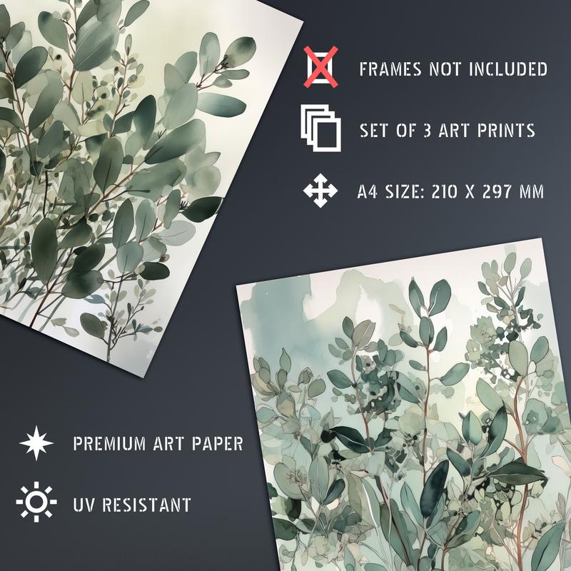 Set of 3 A4 Botanical Plants Sage Green Watercolour Eucalyptus Leaves Boho Artworks Unframed Wall Art Living Room Poster Prints Pack Decor Ornaments Decoration  Photo 3