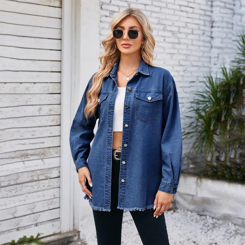 Product Introduction of 2025 new women's washed raw edge denim long sleeve lapel top 5