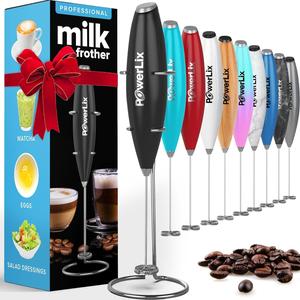 PowerLix Milk Frother Handheld Battery Operated Electric Whisk Foam Maker For Coffee, Latte, Cappuccino, Hot Chocolate, Durable Mini Drink Mixer With Stainless Steel Stand Included