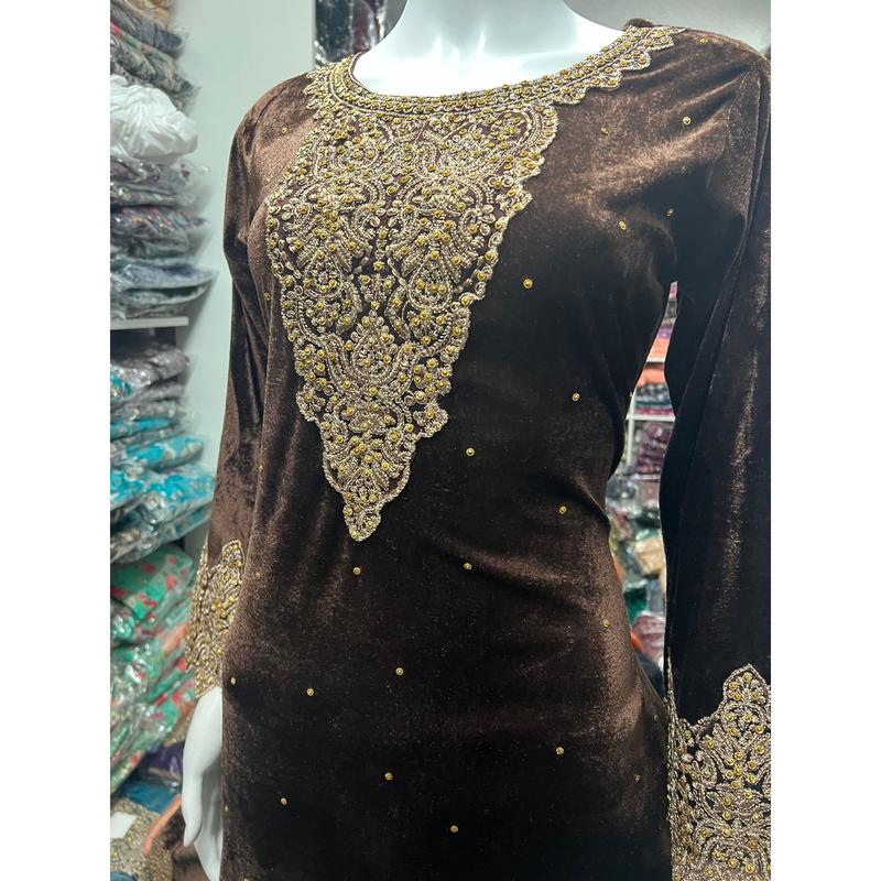 BROWN-Beautiful Velvet Embroidered Ready To Wear 3pc Frock With Chiffon Duptta 3