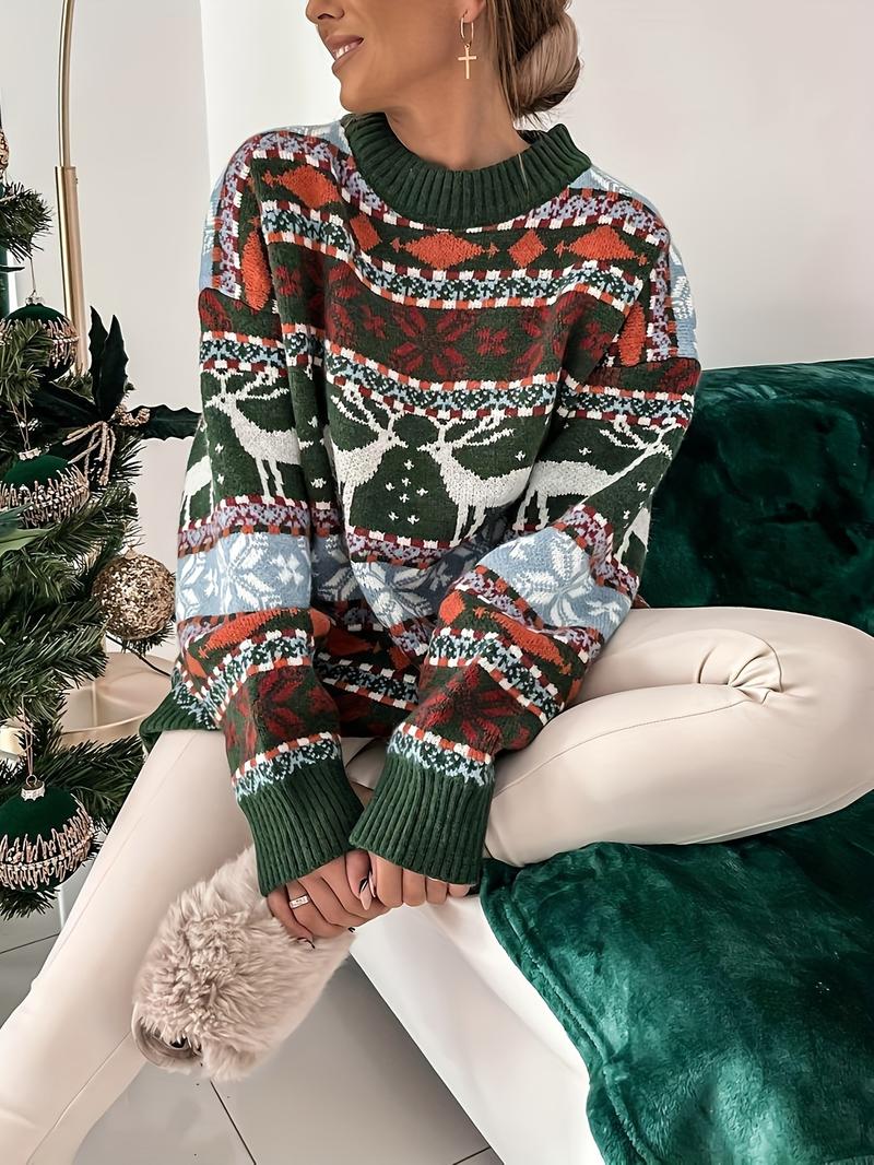 Product Introduction of Plus Size Christmas Deer Pattern Knitted Sweater, Casual Crew Neck Long Sleeve Pullover Sweater, Women's Plus Size Clothing 3