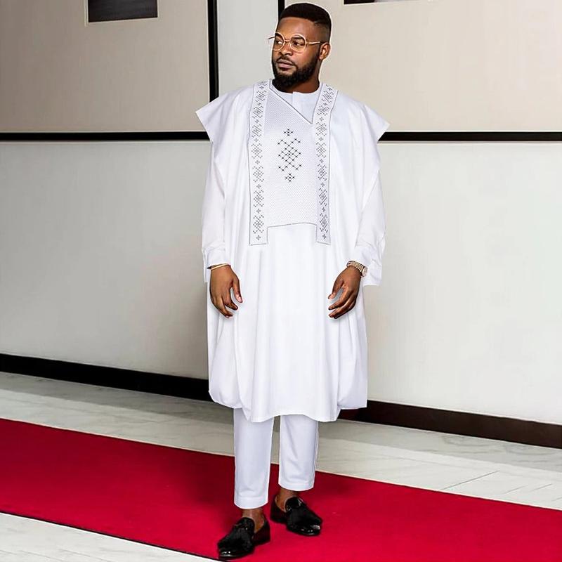 African Agbada (White & Grey) - nigerian traditional outfits Clothing Cotton - Mens Kaftan - African Menswear - African Garment - Long Sleeve Suit 0