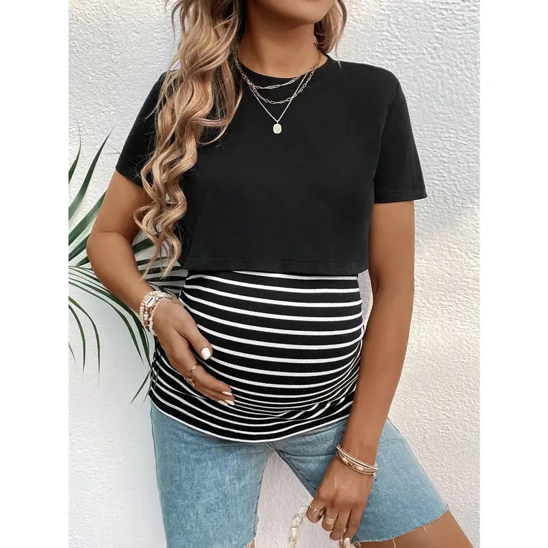 Maternity Striped Short Sleeve Breastfeeding T-Shirt With Color Block Design For Summer 4