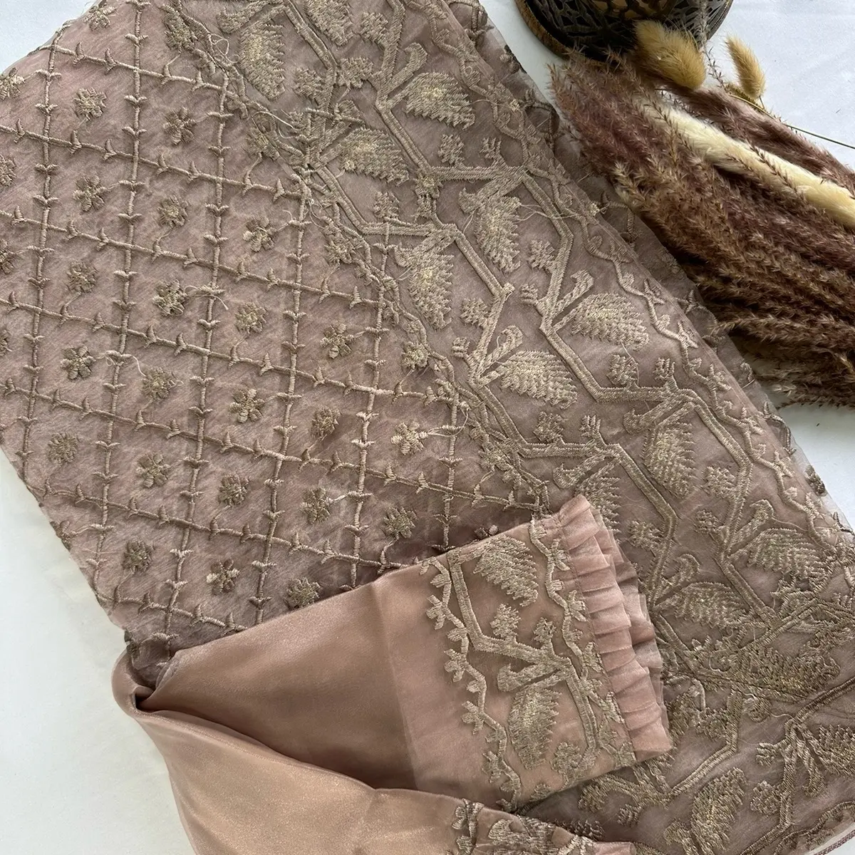 Mocha traditional organza Sari with embroidered design formal wear size 42 Blouse with 16 inch sleeve