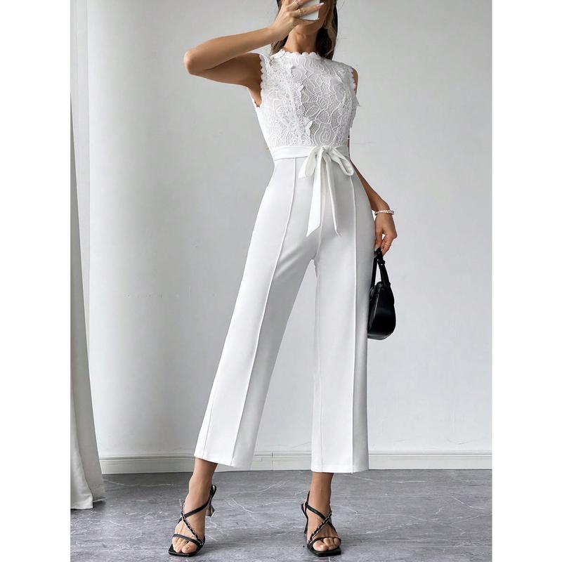 Firerie Women's Elegant Commuter White Lace Splicing Sleeveless High Waist Long Jumpsuit,White Long Jumpsuit,Women Rompers,Sleeveless Jumpsuit,Slim Fit Long Jumpsuit,Teacher Clothes,Teacher's Jumpsuit,Suitable For Daily, Party, Homeco Fabric Polyester 3