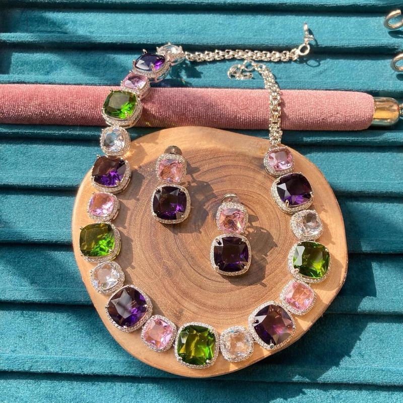 Gorgeous silver plated cushion cut quartz stone necklace Auspicious Wedding Engagement Anniversary Birthday 2