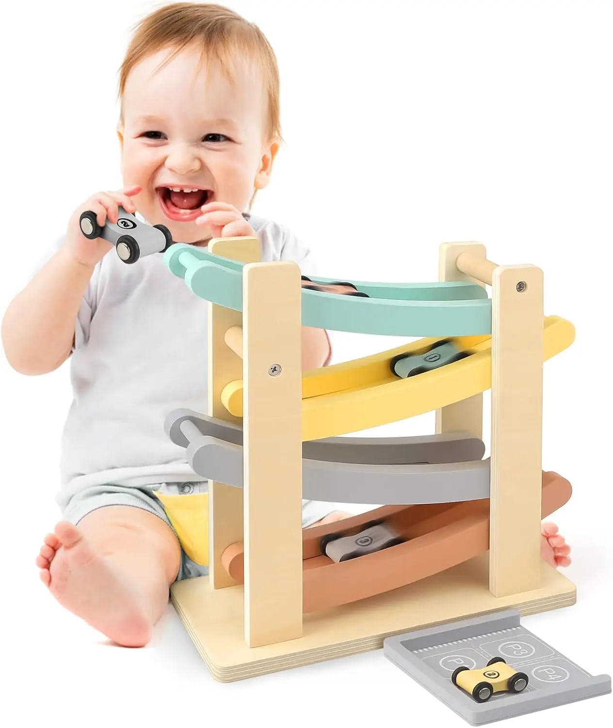 Wooden Toys Car Ramp Toy for 1 2 Year Old Boys Girls Gifts Toddler Toys Click Clack Track with 4 Mini Toy Car and Toy Garage