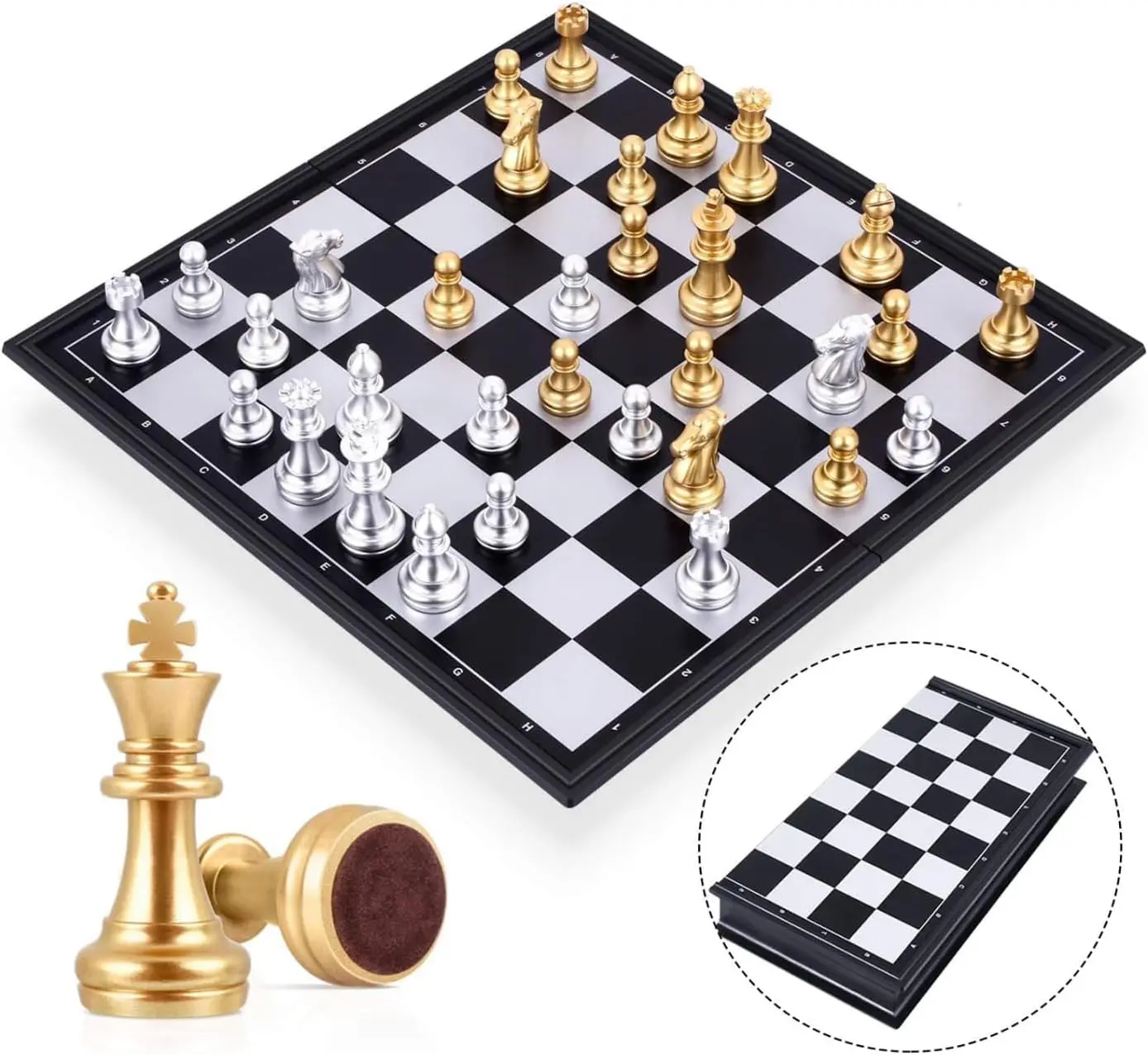 Magnetic Chess Set with Folding Board, Gold and Silver Pieces, Travel-Friendly Educational Toys for Kids/Adults, Traditional Game Gift, 2 Players