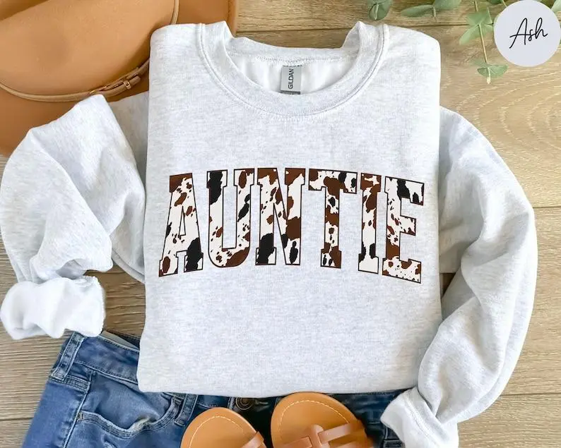 Auntie Sweatshirt, Buffalo Plaid Auntie Sweatshirt, Cow Pattern Auntie Sweater, Western Aunt Sweatshirt, Auntie to be Sweatshirt, Aunt Gift Sweatshirt Casual Cotton Menswear Fabric Fashion Medium Smooth Sweaters Tops Tee 2