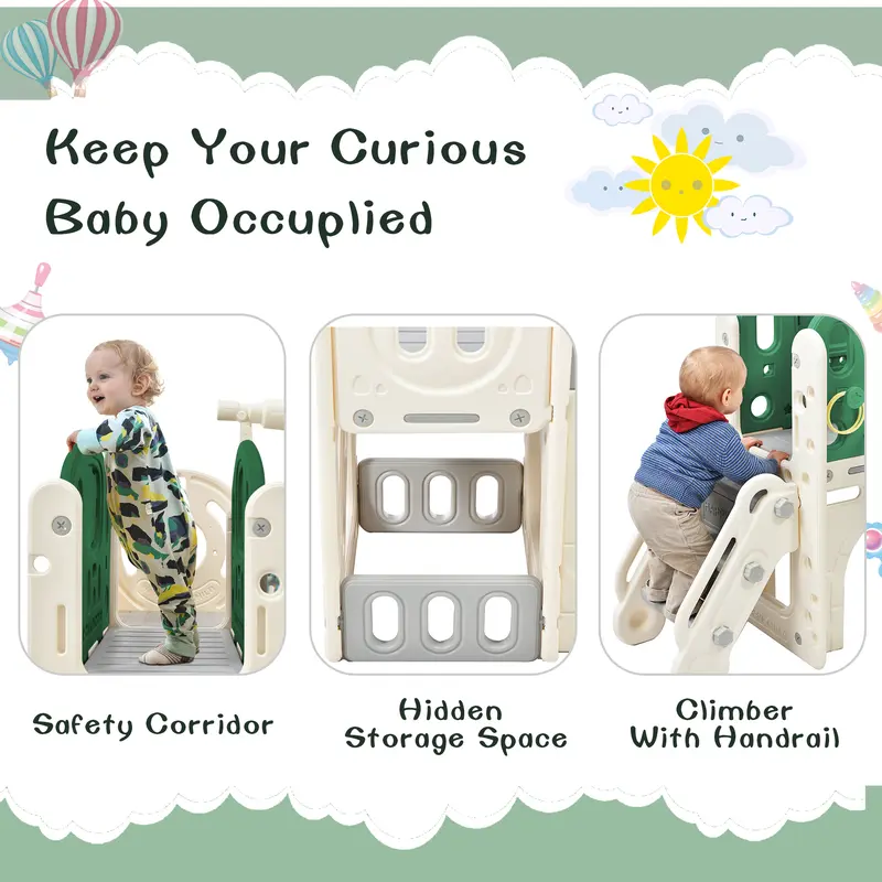 Children's combo slide, Features a long slide, storage box, tunnel. stair ladder, basketball hoop and passage area.Toddler slide. Easy Assembly and Convenient Storage. High-Quality Materials-HDPE. 3