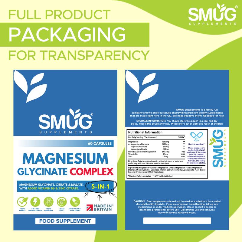 Magnesium Glycinate Complex British Made 5-in-1 by SMUG Supplements - 60 Capsules - Advanced Blend Combining Magnesium Glycinate, Citrate and Malate.  With Added Vitamin B6 and Zinc. 4