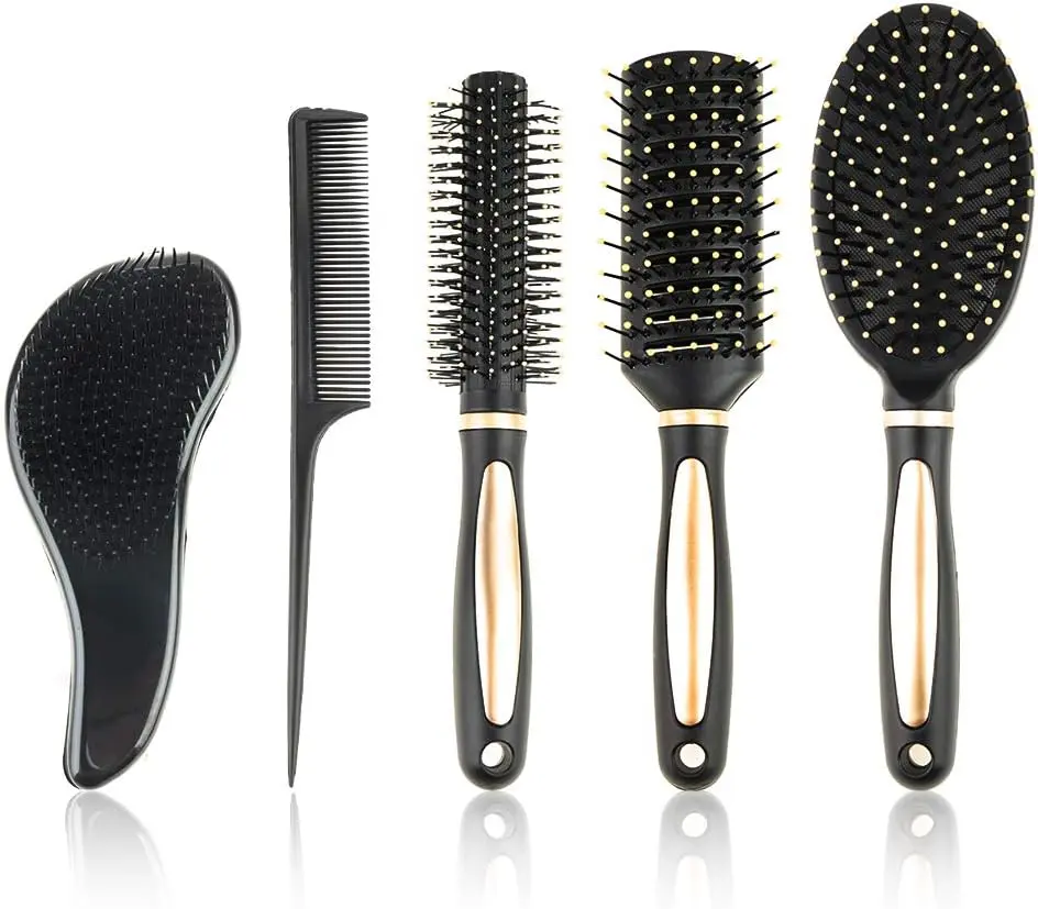 Hair Brush Set Detangling Brush Paddle Brush Round Hair Brush Tail Comb Wet Dry Brush for Women Men Hair Styling (Black) 5 Pieces tangle  teezer|the Haircare Durable detangler Smooth Heatless Hairbrush