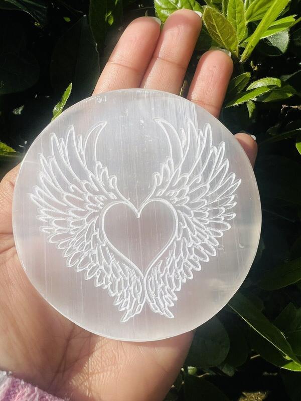 Selenite Charging Plate , Crystal Charging Grid Plate/Disc, Healing Crystal, Energy Healing, Engraved Selenite Charging Plate, Selenite Disc Bag Pendant 4