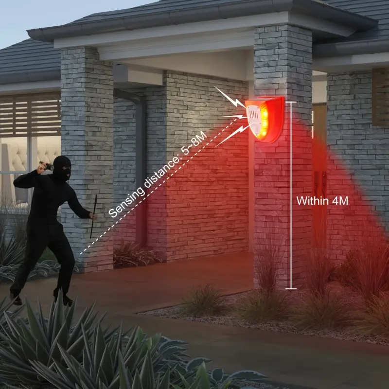 1pc Solar-Powered Motion Sensor Alarm, 129dB Siren & Dog Barking Sound Alert, 6 Red LED Flash Warning Strobe Light, Security System For Farm, Villa, Home, Yard, Barn, Outdoor Safety, PIR Sensor, Within 157.48inch Range 3