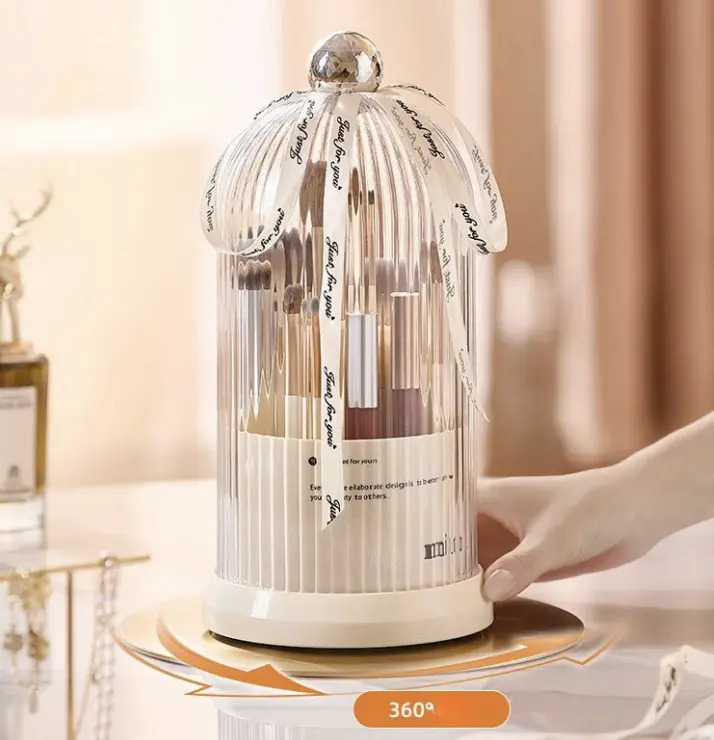 Cosmetic Storage Box with Lid and Racks for Brushes, Lipsticks, Eyebrow Pencils and Eye Shadows - 360° Rotating 1