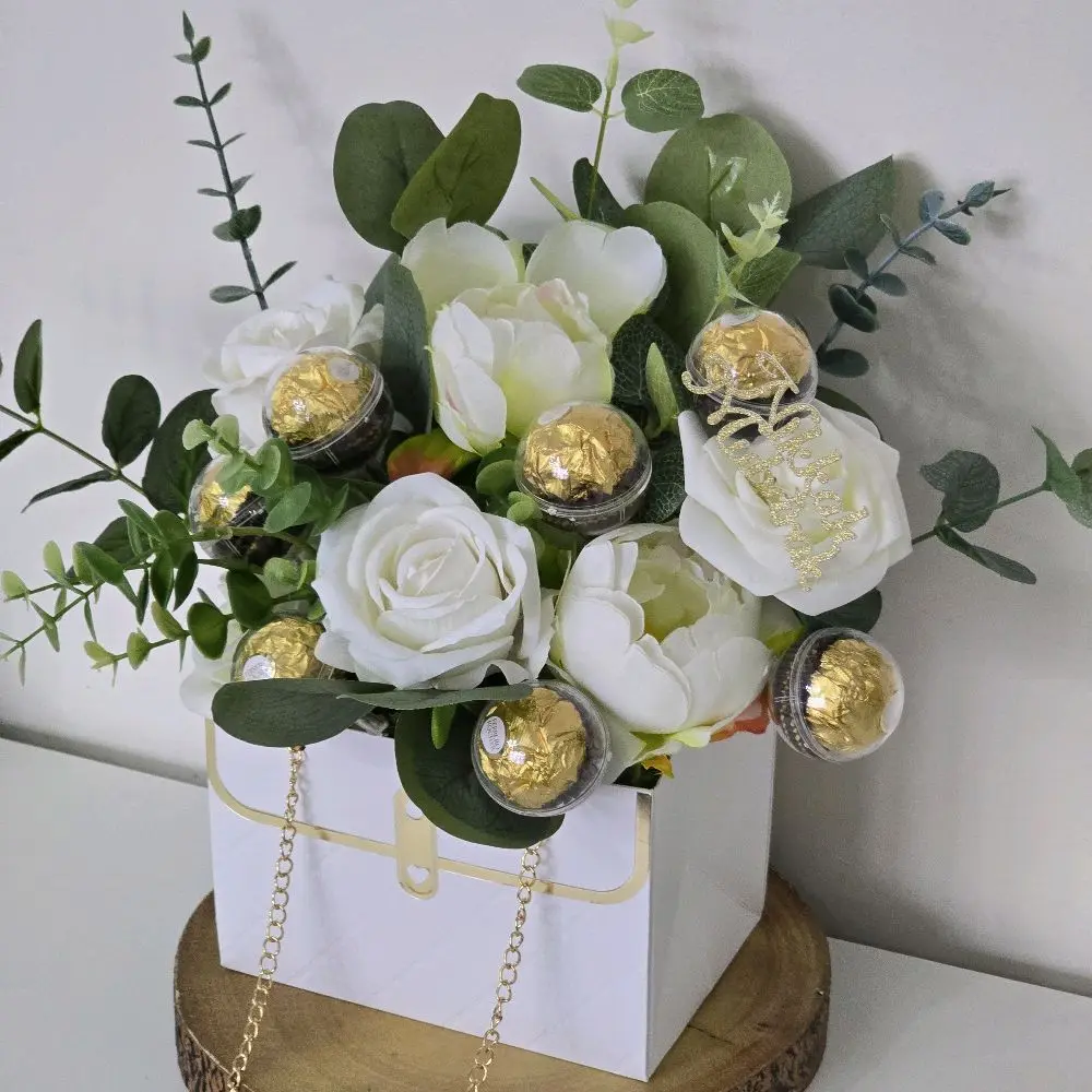 Everlasting White Flowers in Gift Bag– A Luxurious Keepsake Bouquet