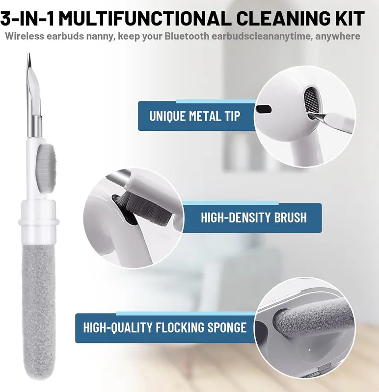 AirPod Cleaning Kit,3-in-1 Cleaning Pen Electronics Cleaning Brush Earphones Cleaner Accessories, Earphone Cleaning Kit,Wireless Earbuds Clean Penwith Soft Brush, Sponge, Metal Tip(White) 3
