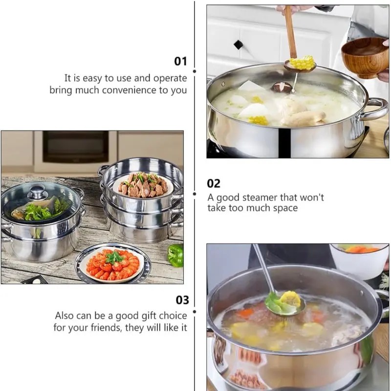 1 Set 3-Tier Stainless Steel Steamer with Lid - 20cm Stack and Steam Pot Set Work with Gas, Electric, Grill Stove Top 3