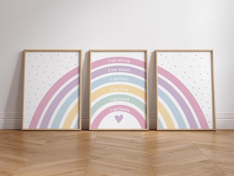 Set of 3 Girls Rainbow Prints, Affirmation Girls Prints, Rainbow Nursery Wall Art, Bright Colours, I am Print, Personalised Name Print, Girls Bedroom Print Playroom, Girls Room Decor, Girls Room Makeover Gift Photo Poster Satin etsy  prints 3