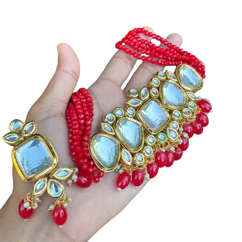 Rakhi Red Kundan Choker Necklace Set. Auspicious Anniversary Female Engagement Metal Coating Fabric 2