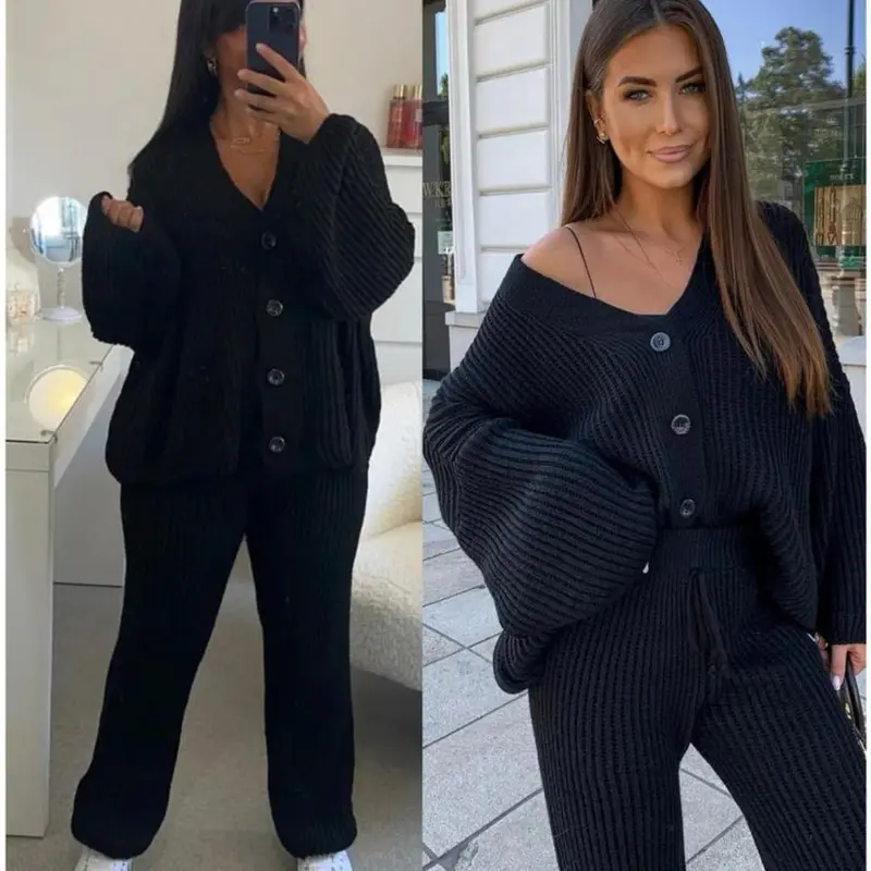 Two Pcs Cardigan & Trouser Set Plain Casual Warm V-Neck Button Winter Cardi Bottom Knitwear Co-Ord Sets Casual Lounge Wear Black 3