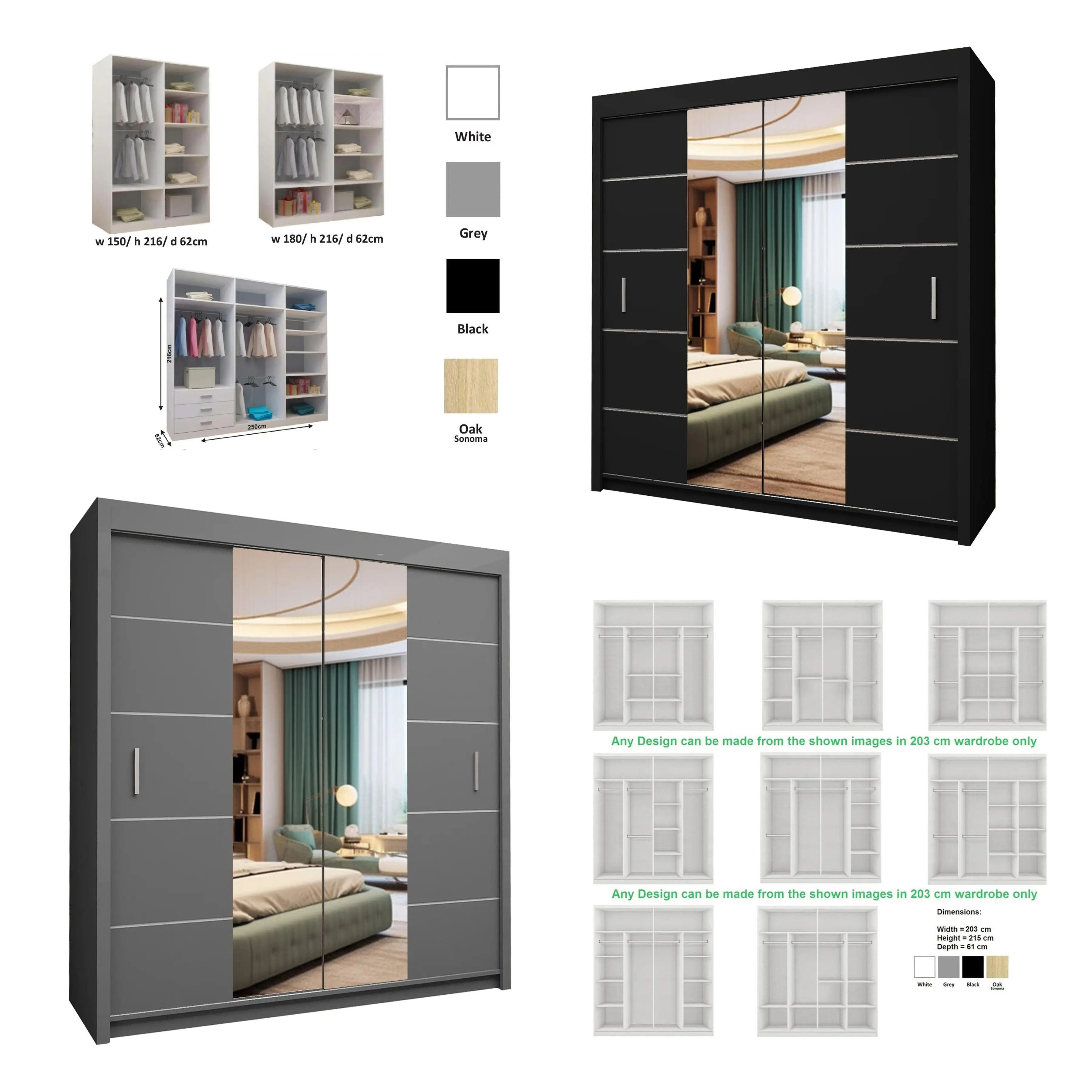 OSLO Mirror Sliding Door Wardrobe 150cm/180cm/203cm/250cm (4 Colours)