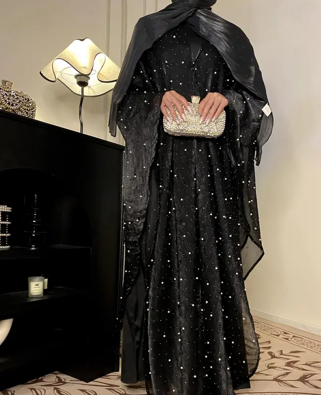 Star Light Abaya, Shiny abaya two-piece set, abaya cardigan and base layer dress 4