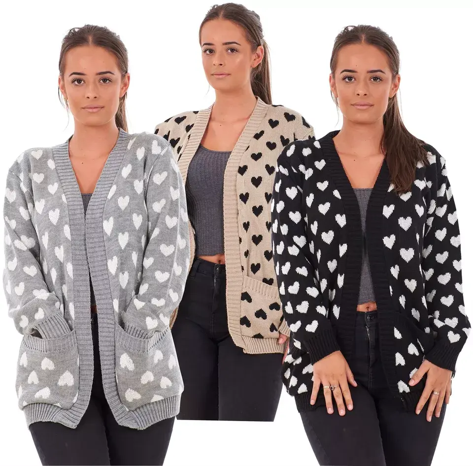 New Ladies Heart Knitted Cardigan Pockets Long Sleeve Regular Big Sizes S to 2XL sweater season coatigan