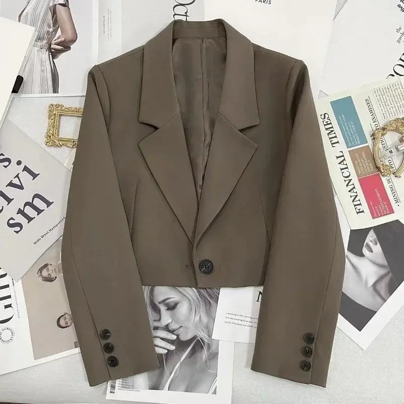 2025Korean Fashion Cropped Blazers Jacket Women Long Sleeve Office Ladies Streetwear Solid Color Single Button Short Suit Coat New