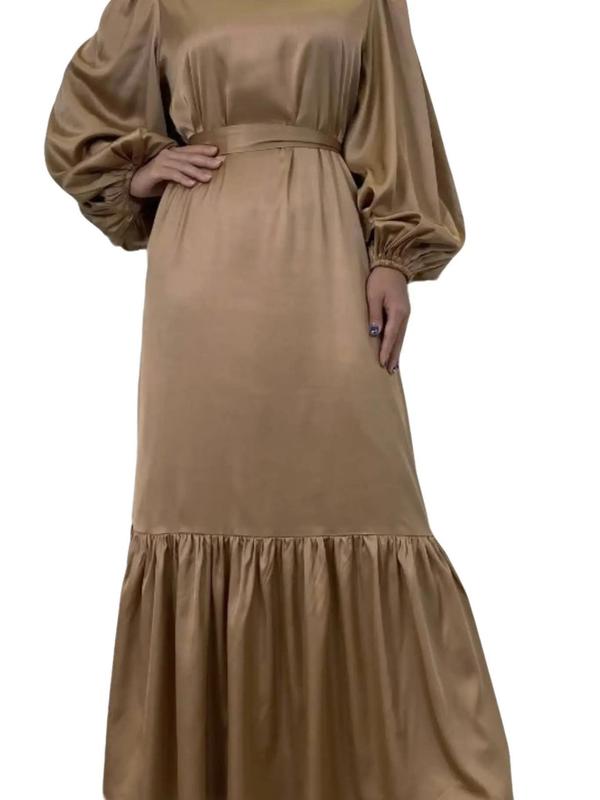 Closed Satin Abaya with Frill - perfect for Eid or Iftari. Muslim Abaya, Maxi Dress with Belt 1