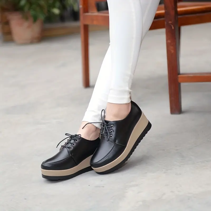 Women's Platform Wedge Loafers, Lace Up Round Toe Heightening Shoes, All-Match Loafers 8