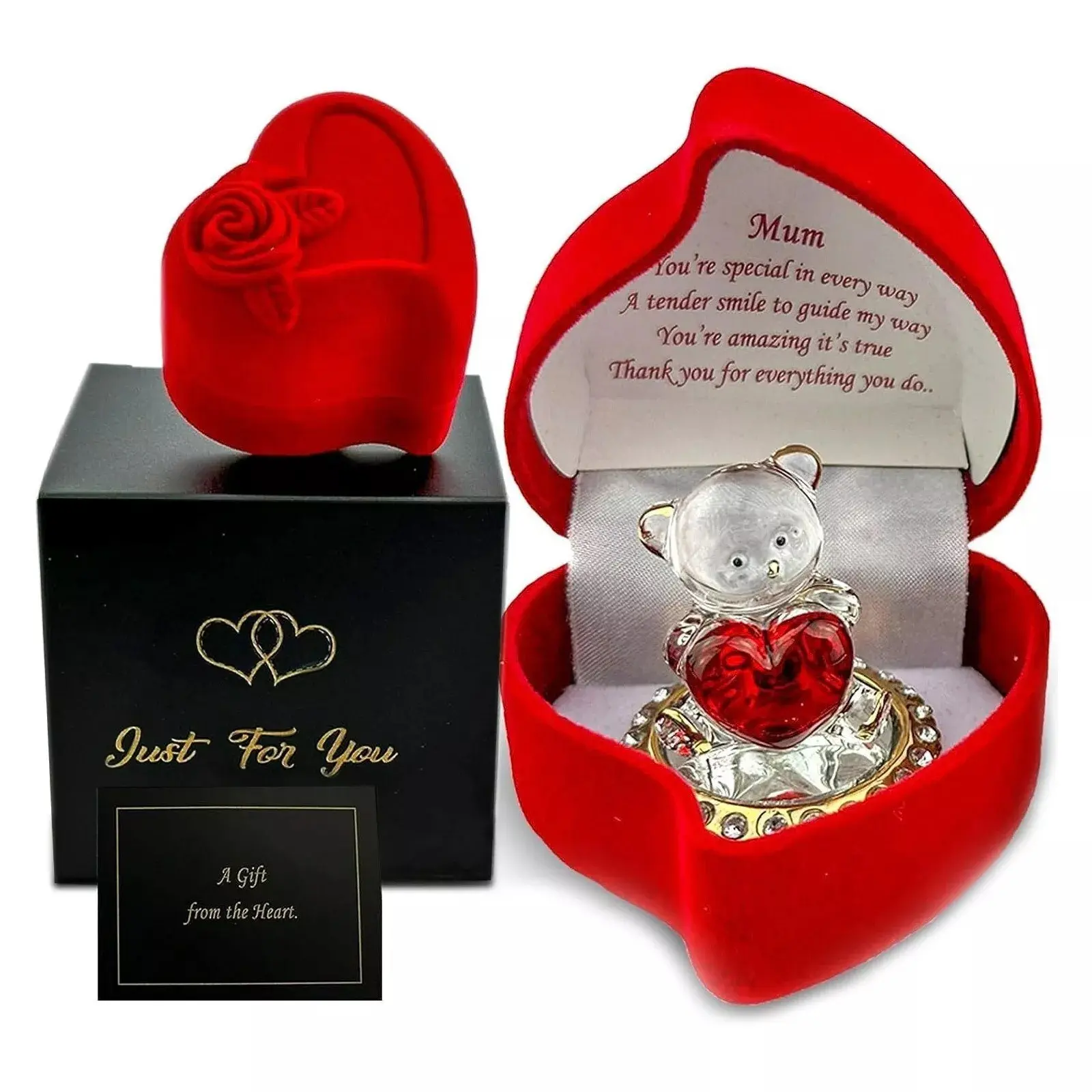 Mother's day Gift for Mum Mummy Mom Birthday Anniversary Mothers day Glass Teddy Presents from Daughter or Son Gift Boxed Glass Ornament Mum Mothers Day Present