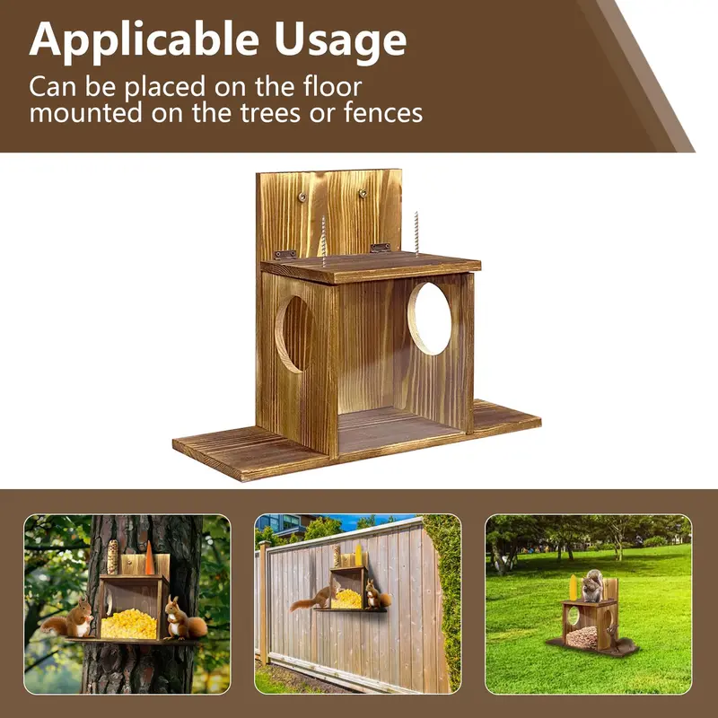 Wood Squirrel Feeder Box for Backyard Garden, Durable Wall Hanging House, Carbonized Wood, Chinchilla Feeder Box 3