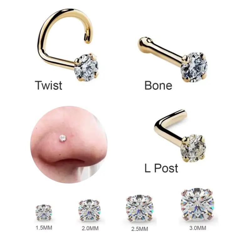 20G Nose Stud – Surgical Steel with 1.5mm, 2mm, 2.5mm, 3mm Cubic Zirconia Crystal | 0.8mm Thin Bar in Silver or Gold | Bone Stud, L-Shaped, or Screw Shape | Stylish & Comfortable Nose Piercing Jewelry for Everyday Wear or Special Occasion