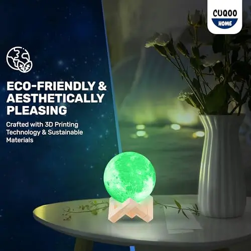 CUQOO 3D Moon Shaped Night Light with Elegant Wooden Stand Realistic White Light with Touch Control & USB Charging Rechargeable 3D Printed Bedside Beautiful Full Moon Table Lamp Universal Decorative Night Light for Bedroom Living Room, Indoor Lighting 4