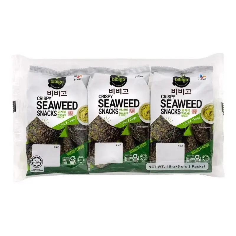 Bibigo Crispy Seaweed Snacks Wasabi Flavour 15g (3 packets)