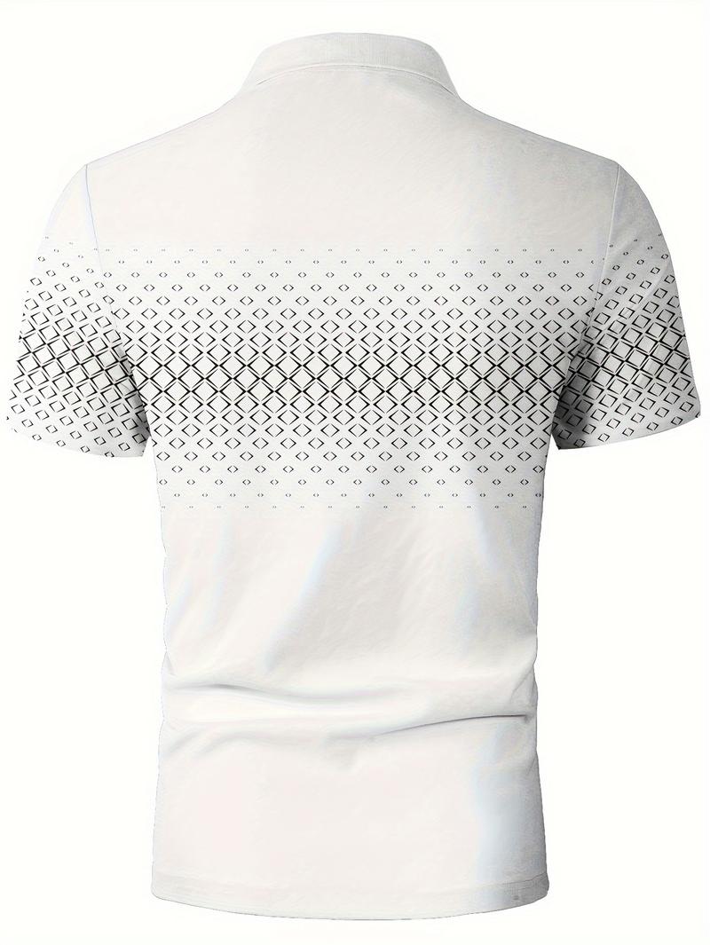 Product Introduction of Men'S Casual Short Sleeve Lapel Collar Shirt with Diamond Print, 100% Polyester Knit Fabric, Slight Stretch, Regular Fit, Spring/Fall Lapel Collar with Button Detail 1