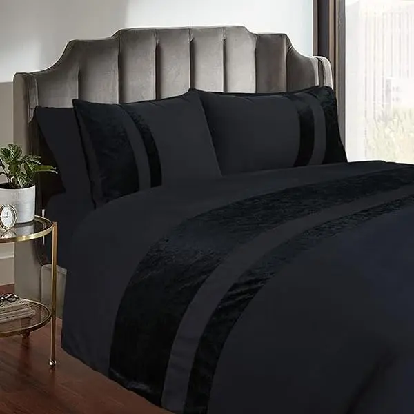 Luxury Crushed Velvet Panel Band Duvet Cover Sets with Pillow Case Bedding Set Crush Velvet Duvet Cover Sets