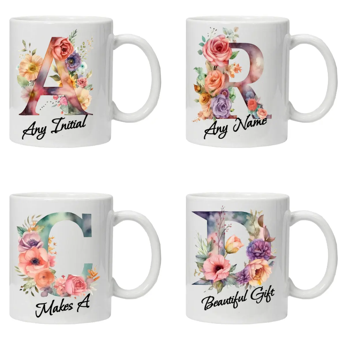 Personalised Mug Cup Watercolour Beautiful Floral Initial Name Tea Coffee Boxed Gift Christmas Gifts for Her Drinkware Ceramic