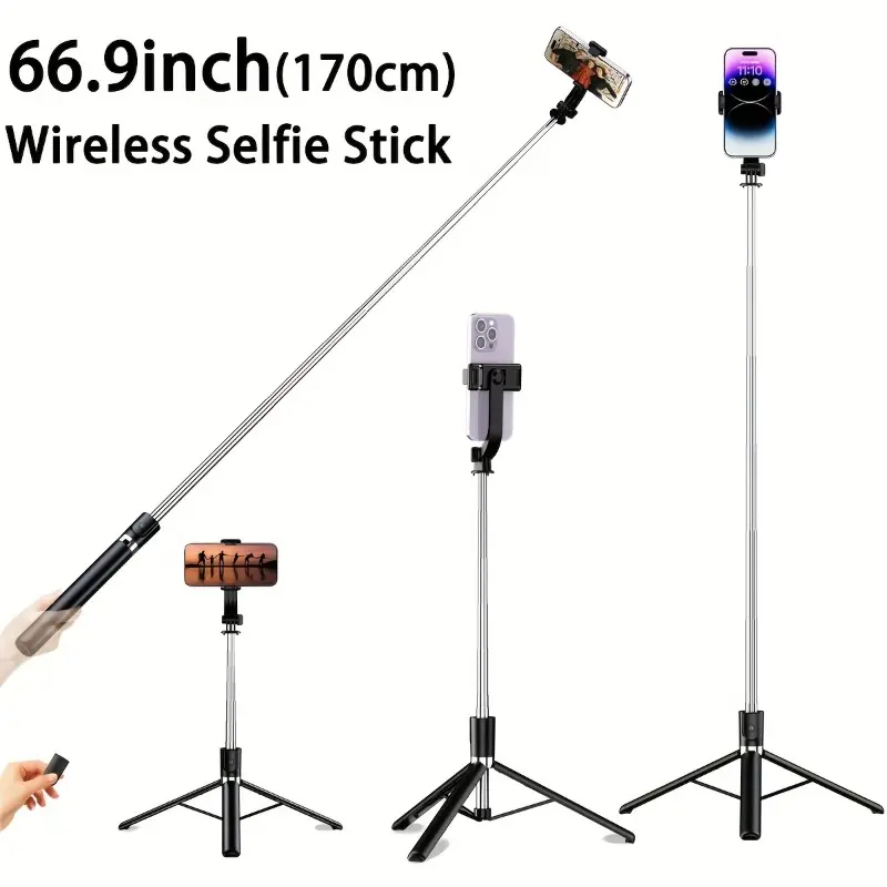 66.9-inch Extendable Wireless Selfie Stick with Remote, Foldable Monopod Phone Tripod for Smartphones, Wireless Enabled, Non-Rechargeable Button Battery 0