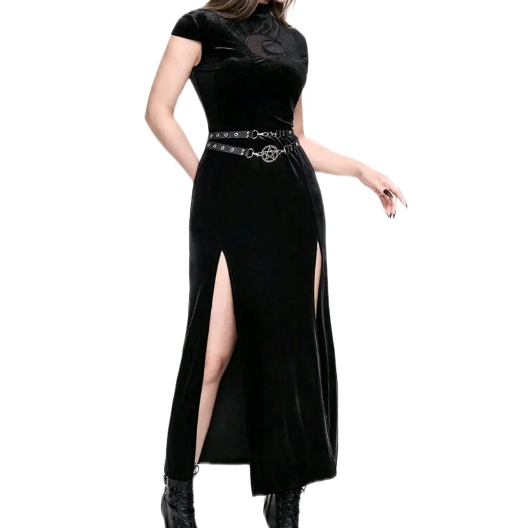Goth Gothic Vampire Dress with Crescent Moon Embroidery and Hollow-Out Design - Casual, Womenswear