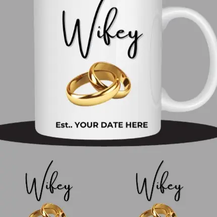 CUSTOMISED HUBBY  AND WIFEY MATCHING MUGS PERFECT FOR ANNIVERSARY OR WEDDING GIFT, personalised with name or date, various designs available 2