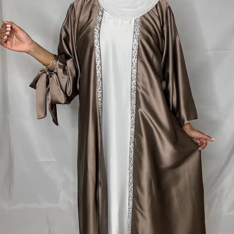 Layan Satin 3 Pcs Abaya Set- Women's Satin Tie Sleeve Abaya With Hijab, 3 Pcs Abaya Set, Abaya for Women, Muslim Clothes, Modest Outfits 1