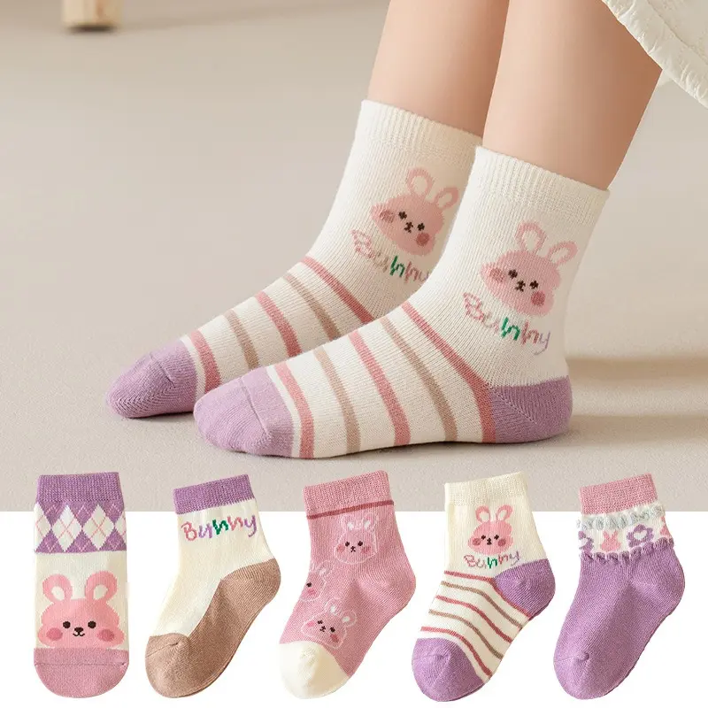 Adorable Baby Girls White Purple Bunny Socks - Soft Breathable Bunny Design Set of 5 or 10 Pairs - Age 1 to 8 Years Old