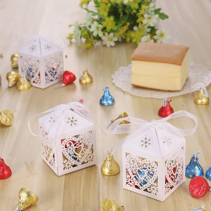 50 x Party Favour Box (5 x 5 x 7 cm) Laser Cut Wedding Favour Box White Candy Box for Wedding Favours for Guests Wedding Decoration for Weddings, Christenings, Birthdays 2