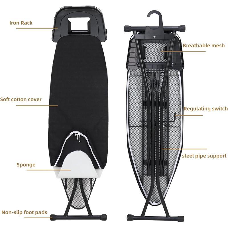 Ironing Board - 120 x 40cm Ironing Board Table Folding Metal Iron,Lightweight Iron Board Rack Foldable Non Slip Adjustable Height (Black)  Cloth Accessories Cover Pad 6