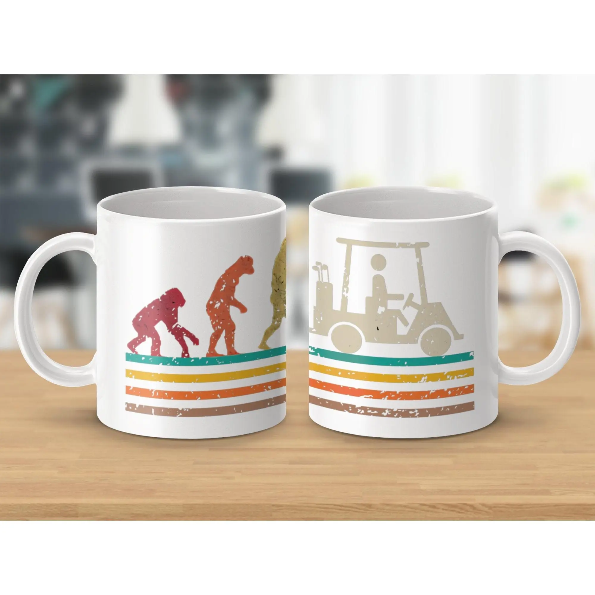 Evolution of Golfer from Ape to Person with Golf Cart Ceramic Mug